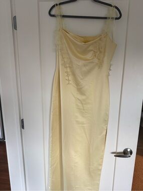 BHLDN Arabella Tendril-Sleeve Butter Yellow Satin Maxi Dress - Bridesmaid